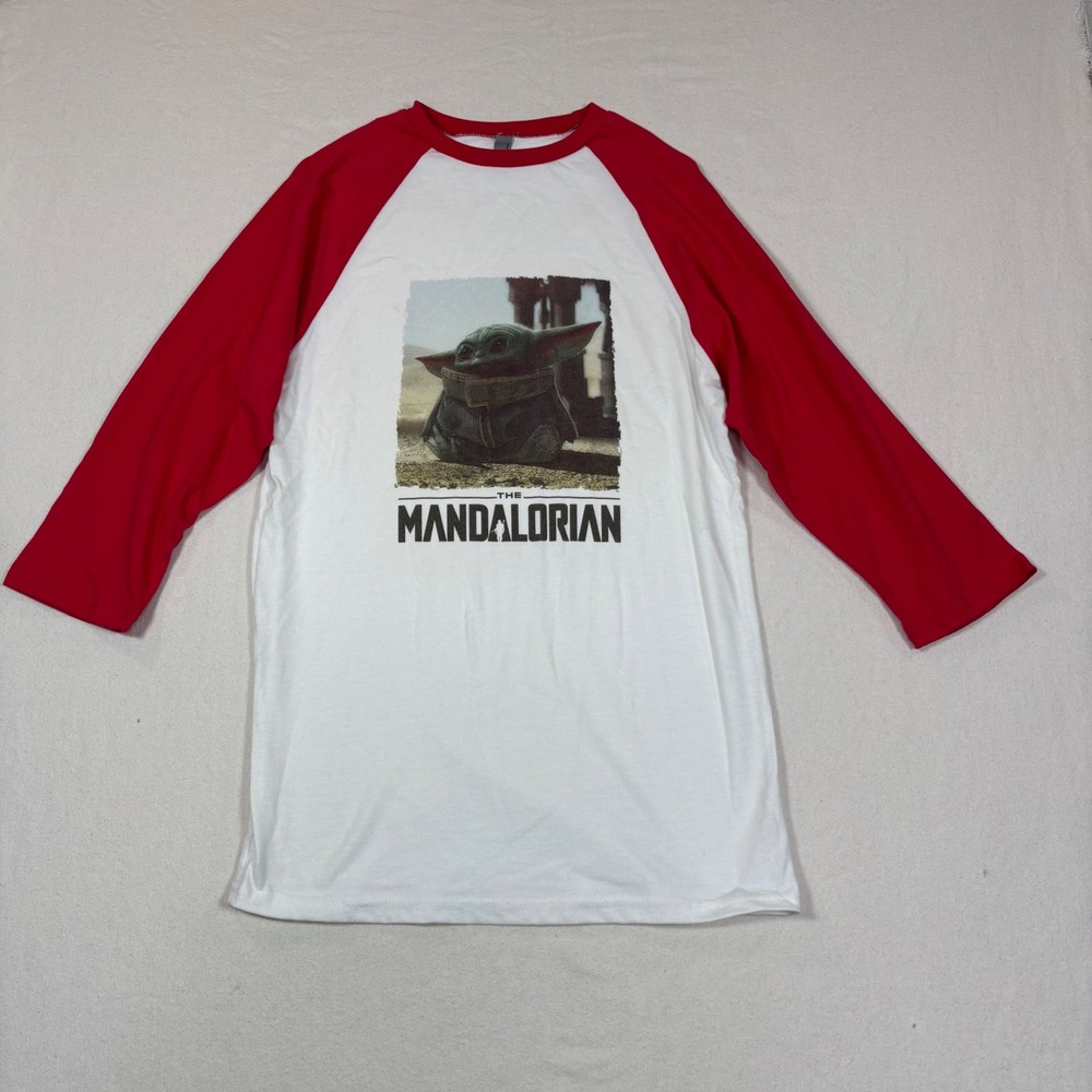 The Mandalorian Grogu Baby Yoda Raglan Baseball Tee Mens Small Red White 3/4 Slv